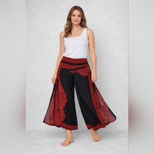 Boho Wide Leg Pants Black Red Mandala Print Flowy Comfy Harem Oriental Festival
